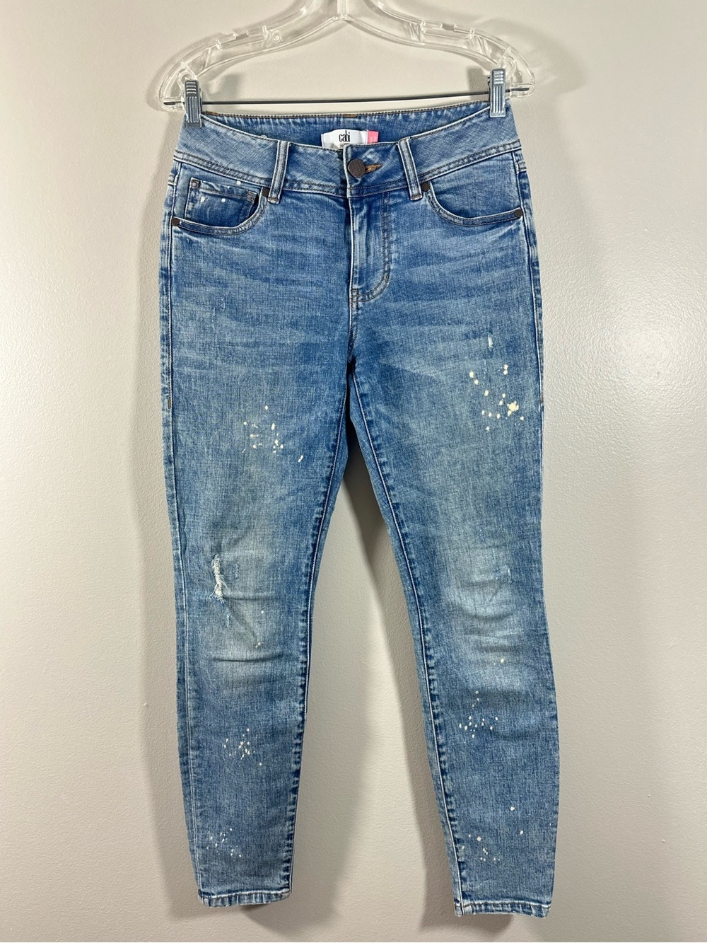 Cabi Size 4 Jeans Cinch Skinny Light Wash Distressed Paint Splatter Women's